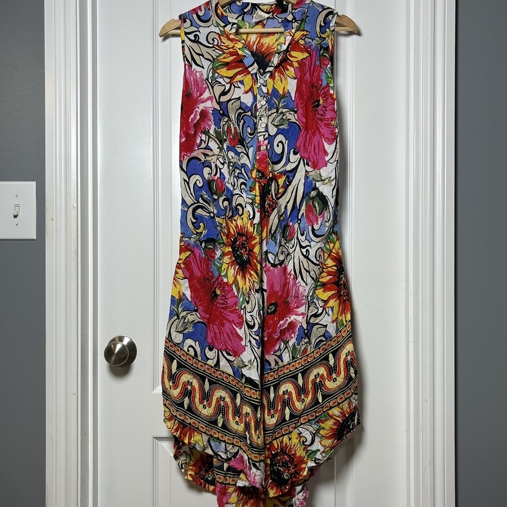 Seven Islands New York Multicolor Floral Sleeveless Swing Dress Boho Artsy Style